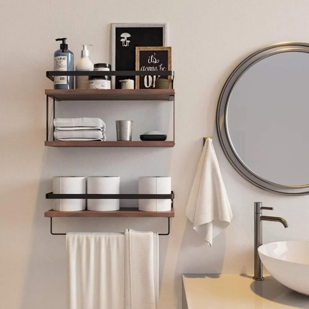 HOUSE‎ 2+1 Tier Wall Mounted Floating Shelves Set of 2, Rustic Wood Shelf